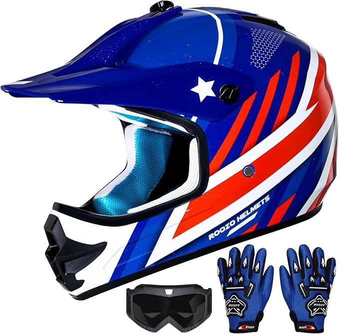 Youth Dirt Bike Helmet DOT Approved, Kids Motocross Full Face Helmet with Adjustable Goggles Riding Gloves & Storage Bag, Off-Road Sport Gear Set for Boys Girls ATV UTV