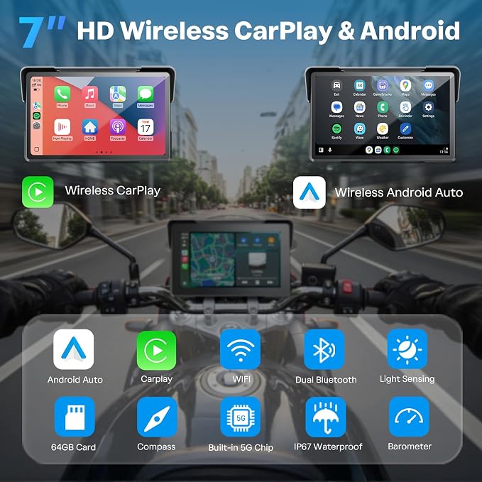 WonVon Motorcycle CarPlay Screen with Android Auto – 7” Waterproof GPS, Pantalla para Moto, Apple CarPlay, Navigation System for Motorcycle, Dual 2K Dash Cam Bluetooth Audio,64GB&TPMS with Magnetic
