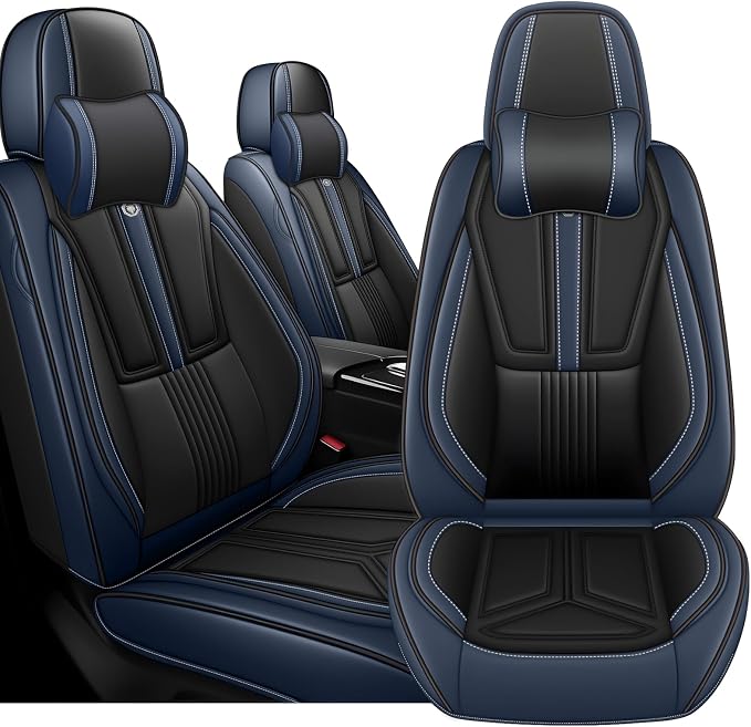 Arazi Fit for 90% of Mercedes-Benz Seat Covers, 360° Full Wrap Original Seat Cover, Waterproof Nappa Leather Seat Covers with Big Space Storage Pocket Seat Protector（2 Seats Luxury, Black&Blue）