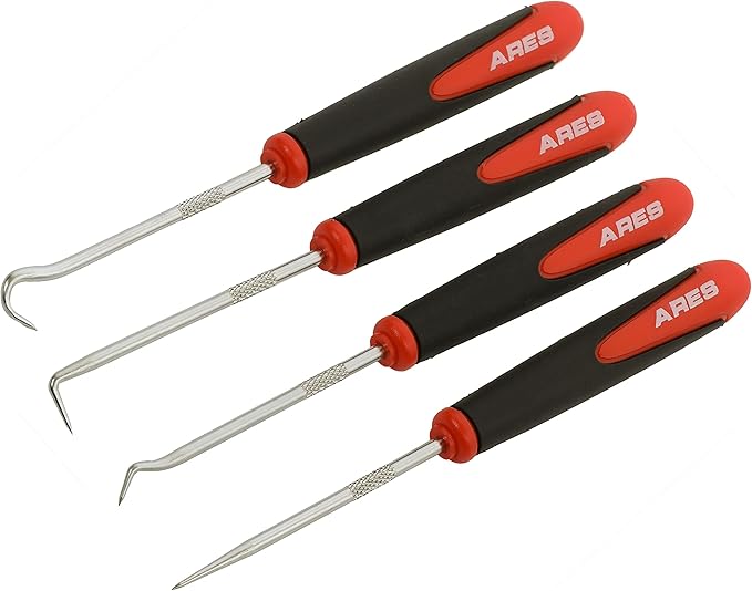 ARES 10034 – Mini Hook and Pick Set - 4-Piece Set Includes Angled, Straight, and Full Hooks and Picks - Hardened Steel Shafts - Easily Remove Hoses, O-Rings, and Gaskets