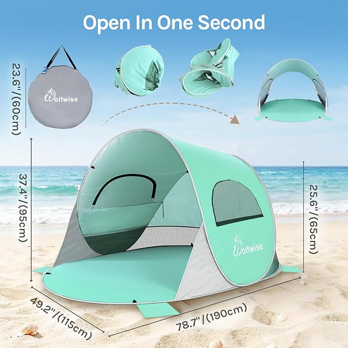 Wolfwise Pop up Beach Tent Sun Shelter with UPF50+ UV Protection, Instant Easy Setup Popup Beach Shade Canopy for 2 Person, Portable & Foldable with Carring Bag, 79 ×49×38 in, Mint Green