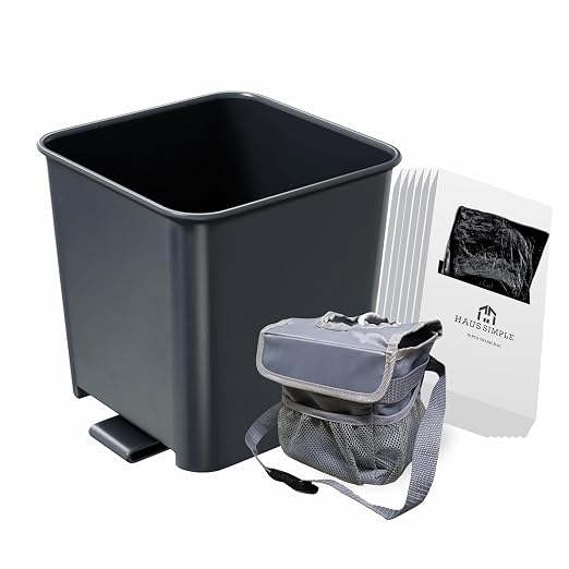 Car Trash Can Bundle – Includes Small Gray Trash Can with Cover + Anti-Slip Floor Mat Clip + 6 Boxes of 20 Leakproof Trash Bags (120 Total) – Waterproof, Covered Garbage Bin for Cars, Truck