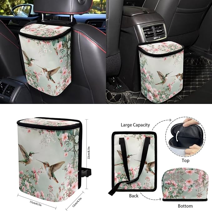 Spring Floral Hummingbird 15 PCS Car Seat Cover Set with Auto Steering Wheel Cover Seat Belt Strap Protector Cup Holder Trash Bag Rear View Mirror Protector Keychain