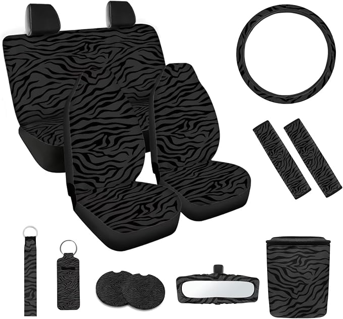 Black Zebra Car Seat Covers Set of 12 Steering Wheel Cover Seat Belt Pads Car Trash Can Car Rear View Mirror Cover Car Cup Coasters Universal Vehicle Accessories Car Interior Automotive