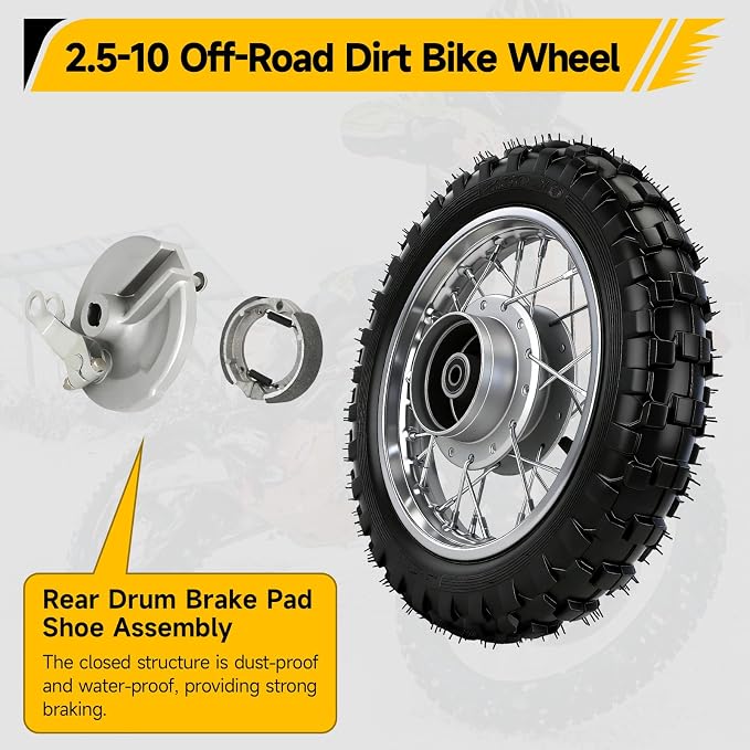 2.5-10 Dirt Bike Rear Wheel Compatible with CRF50 SSR70 TTR50 XR50, 2.5 x 10 Tire & Rim for Apollo Taotao 50cc 70cc 90cc 110cc Pit Bike Motorcycle Parts with Drum Brake Pad Shoe Assembly Silver
