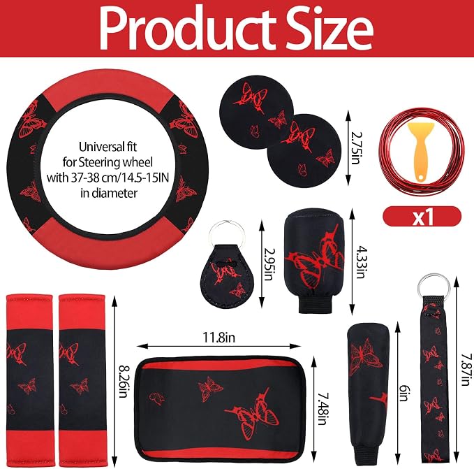 BBTO 47 Pcs Car Seat Full Set Car Accessories for Women 5 Front Rear Seat Covers Wrist Strap 2 Pieces Cup Mat Armrest Pad 2 Belt Cover Accessories for SUV(Red Black)