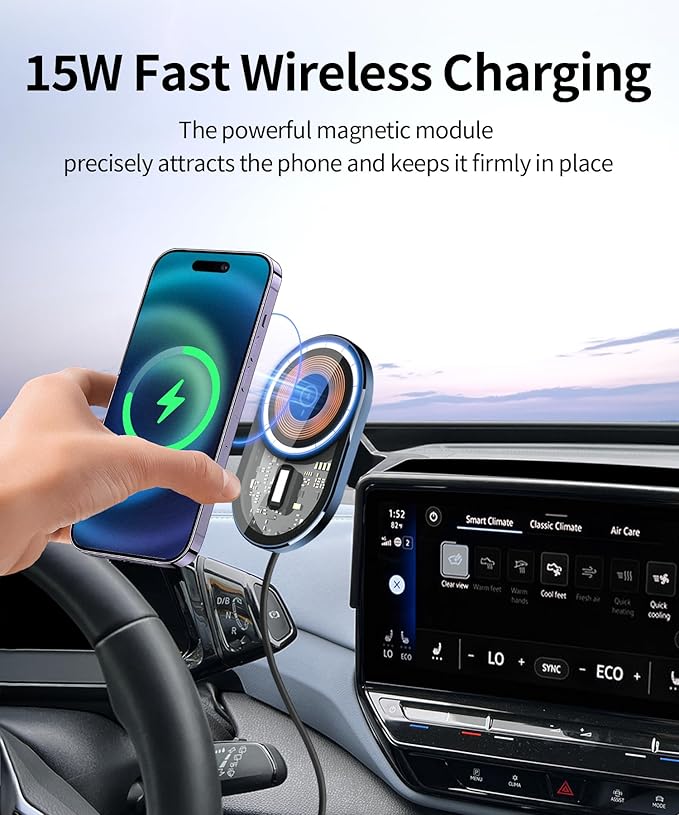 Wireless Charging Car Phone Holder for Volkswagen ID.4 2021-2024, 12" Screen Fixed Clip, 360° Rotation Car Phone Mount Compatible with MagSafe