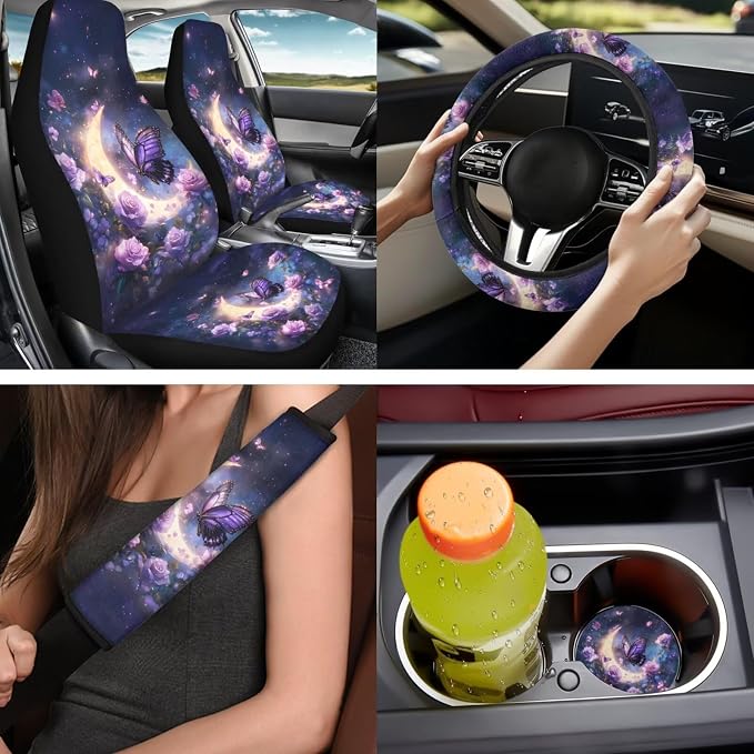 Bulopur Floral Butterfly Car Seat Covers Set with Armrest Cushion Pad Non-Slip Vehicle Seat Belt Shoulder Strap Covers Headrest Covers Coasters Vehicle Interior Decor Set for Van Sedan SUV 14 Pieces