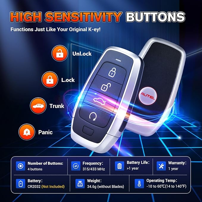 Autel Original Blank Key, IKEYAT004CL, 2026 Programmable Universal Key Fob Replacement, 4-Button OE-Quality for 700+ Vehicles, OBD Learning, Dual-Band, 130FT Remote, Work w/ KM100 Scan Tool