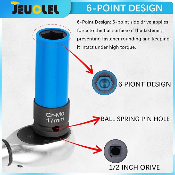 18PCS 1/2" Drive Lug Nut Socket Set, Thin Wall Lug Nut Sockets with Colored Protective Covers, 6 Point & 12 Point Twist Double Ended Twist Socket Set, Flower Head, Impact Extension Bar