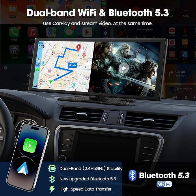 LAMTTO Upgraded 11'' Wireless Carplay Screen with Net-Flix YouTube Apps and Backup Camera Built-in Entertainment Video Box Navigation Voice Assistant for iOS 10+ Android 11+