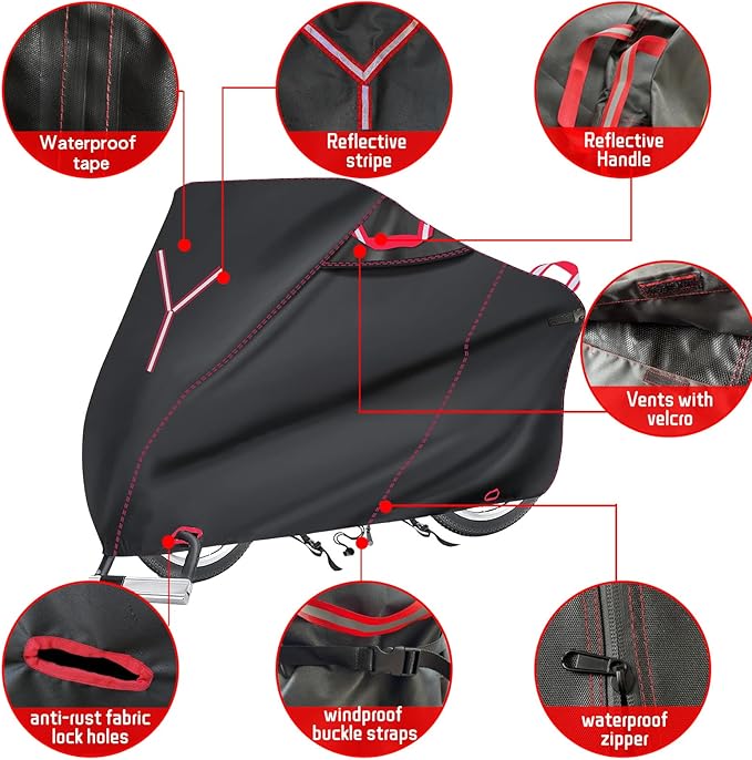 800D Heavy Duty Motorcycle Cover, Outdoor Storage Moped Covers, All-Weather Universal Waterproof Scooter Cover with 3 Reflective Handle、2 pairs Lock Holes and 3 Fixed Buckles - 87" x 37" x 40"