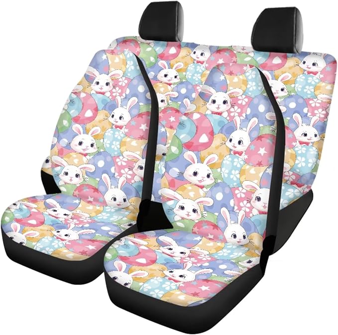Easter Day Car Accessory Easter Rabbit Car Seat Covers Full Set Easter Egg Colorful Auto Steering Wheel Cover Keychain Seat Belt Pad Universal Fit,All Weather Protection 12Pcs,for SUV Truck