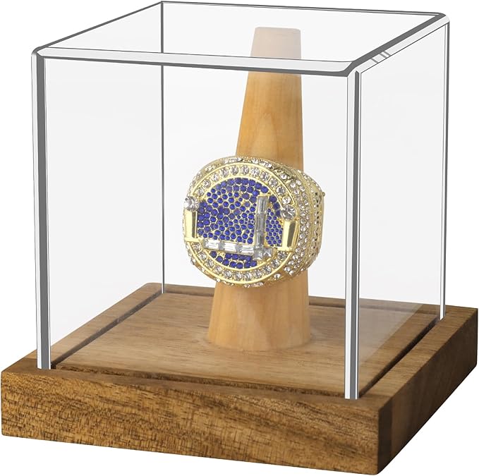 Clear Acrylic Championship Ring Display Case with Wood Stand Base, Memorabilia Stand Cube Holder Dust Protection Transparent Storage Box for Sports Baseball Basketball Fan Souvenir Protection Supplies