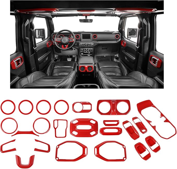 23pcs Full Set Interior Trim Kit for Jeep Wrangler JL JLU Gladiator JT 2018-2023 Steering Wheel Door Handle Air Conditioning Vent Cup Holder Reading Light Headlight Gear Cover, Red