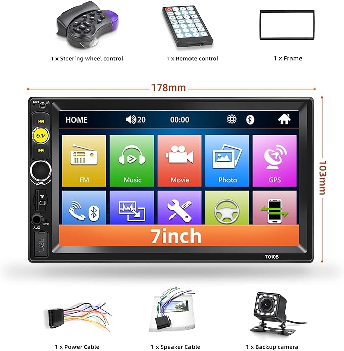 Double Din Bluetooth Car Stereo 7 inch HD Touch Screen Car Radio with Backup Camera Support Mirror Link for Android/iOS