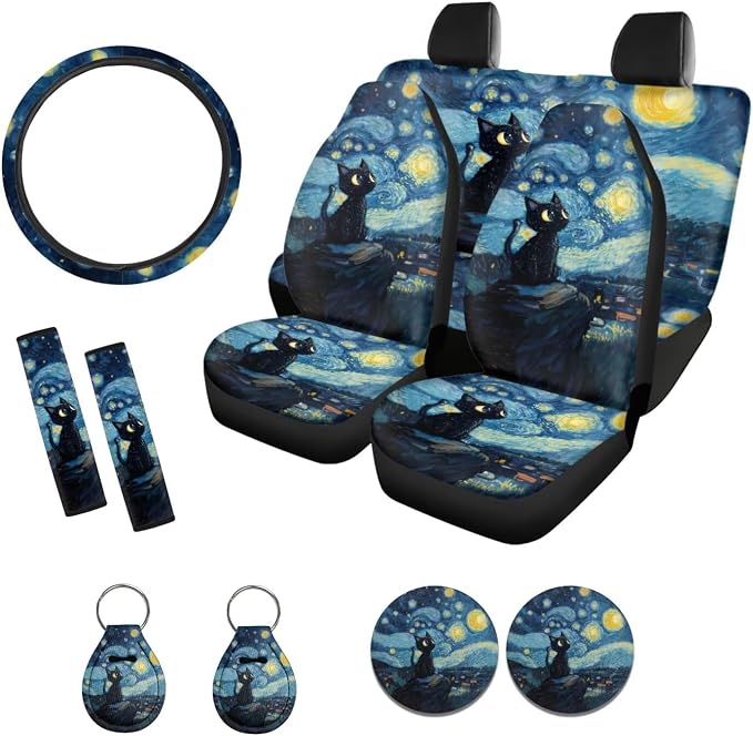 Xoenoiee Blcak Cat Starry Night Print Car Seat Covers and Accessories, Front Rear Seat Covers, Steering Wheel Cover, Seat Belt Pads, Coasters, Keychains for Car SUV Decor, 11 PCS Set