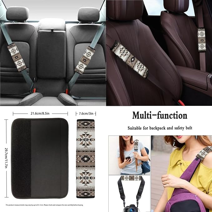 Suobstales Aztec American Tribal Geometric Print Car Seat Cover Full Set SUV Interior Accessories Front/Back Bench Bucket Seat Cover, Steering Wheel Cover, Seat Belt Cover, Coasters, Keychain