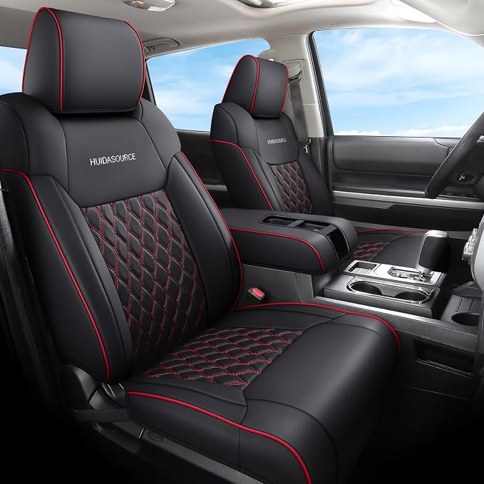 Huidasource Dodge Ram Seat Covers Full Set, Full Coverage Waterproof Leather Pickup Truck Seat Cushion Protector Fit for 2009-2018 1500, 2010-2025 2500/3500 Crew Mega Cab(Full Set/Black&Red)