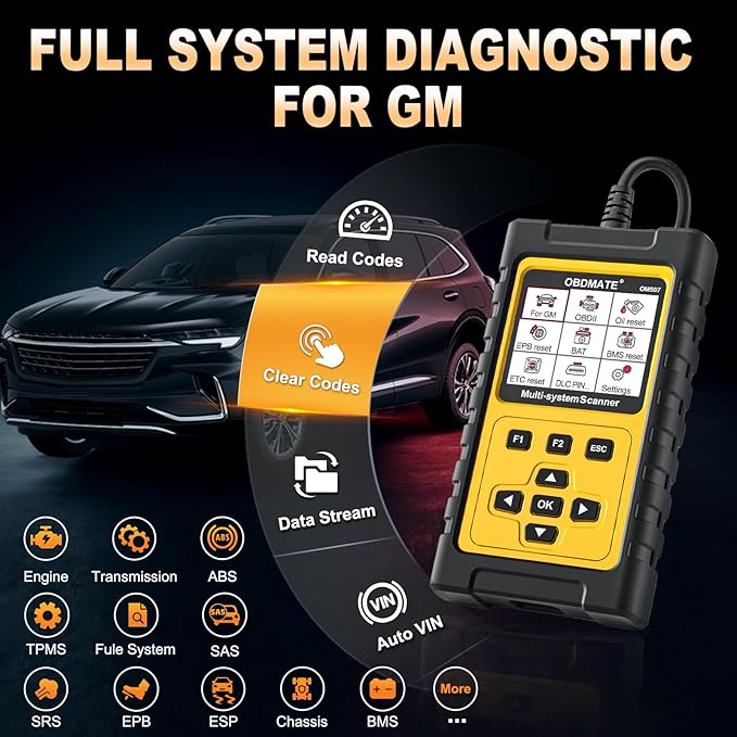 OBD2 Scanner Diagnostic Tool for GMC/Buick/Chevrolet/Cadillac, OM507 All Systems Diagnostic with 12 Resets (Oil/ETC/EPB/ABS/SAS/BAT Register...), Full OBDII Functions Read&Erase Fault Codes