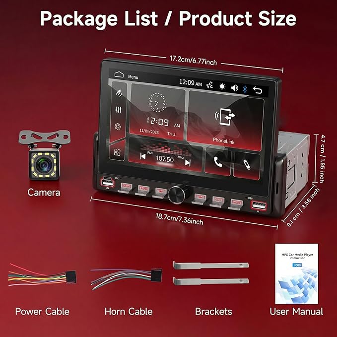 Single Din Car Radio with Bluetooth iOS/Android Mirror Link Share Same Video, 7" IPS Touch Screen Car Radio 1 Din with Piano Keys Support Backup Camera Mirror Link Bluetooth FM USB EQ SWC
