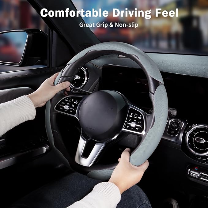 Nappa Leather Car Steering Wheel Cover for Men Women, Ultra-Thin Non-Slip Breathable Microfibre, Universal for 14.5"-15" Steering Wheel - Gray
