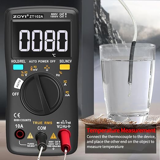ZOYI Digital Multimeter, True RMS Auto-Ranging 6000 Counts with NCV. 750V AC, 1000V DC auto Identification, Data Hold, Resistance, Capacitance, Diode, Frequency and Temperature Measurement