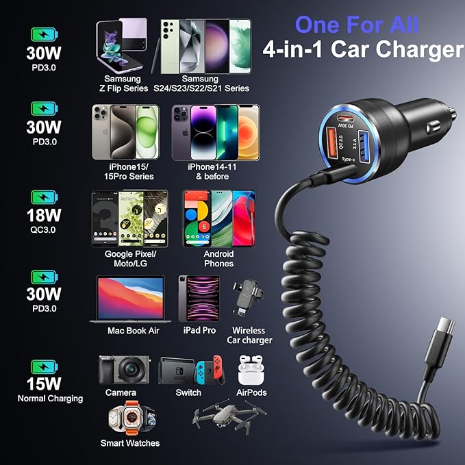 65W 4-Port Dual USB A and USB C Car Charger with 5FT Type C Coiled Cable, QC&PD 30W Fast Charging Cigarette Lighter Car Adapter Compatible for iPhone 15 15 Pro 15 Pro Max 15 Plus