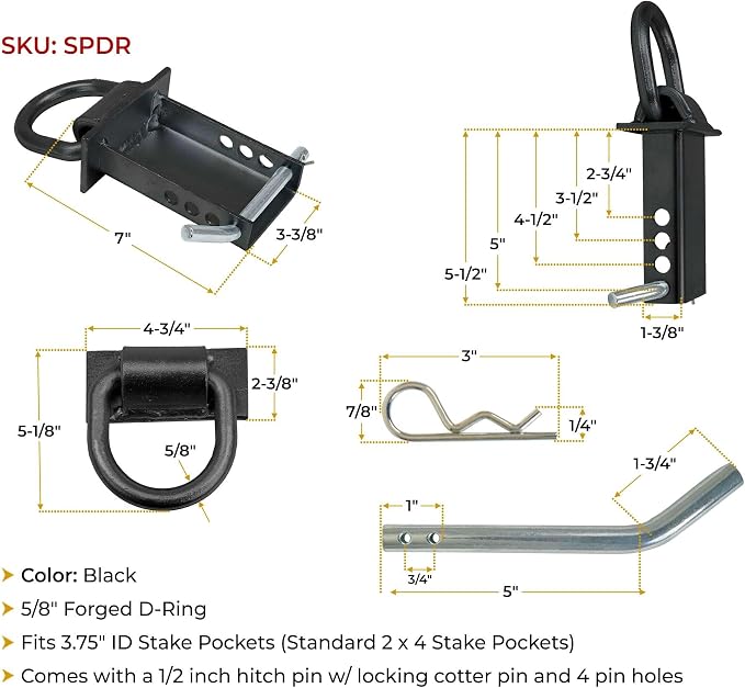 Mytee Products 5/8 Inch Stake Pocket D Rings, 18000 lbs | Heavy Duty Adjustable Trailer Stake Pocket Tie Down Utility for Flatbed Trucks & Trailer w/Hitch Pin, 4 Holes for Adjustment