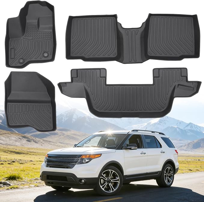 Floor Mats for Ford Explorer 7 Passenger Bench Seat 2011-2014 (Not for 6-Seat Captain Chairs), Custom Fit Heavy Duty TPE All Weather Protection, Waterproof Non-Slip Black (Three-Row Floor Mats)