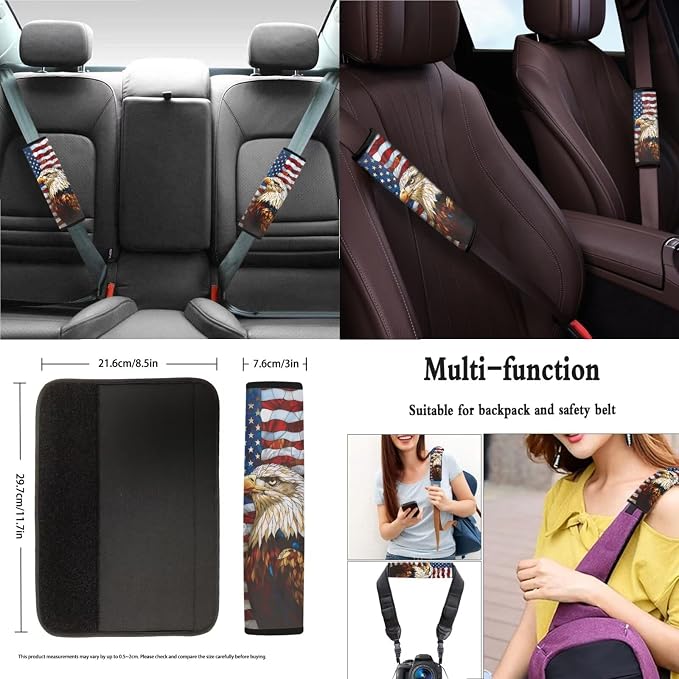 Suobstales Eagle American Flag Print Car Accessories with Car Front Rear Split Seat Covers, Seat Belt Pads + Steering Wheel Cover + Coaster + Keyrings for Women Set of 11-Pcs