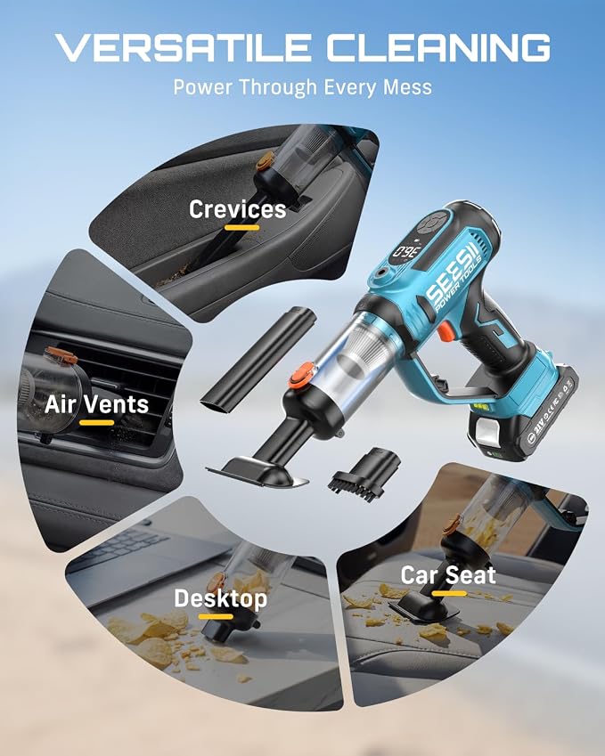 SEESII Tire Inflator Portable Air Compressor, 21V Cordless 150PSI Car Air Pump with 2×2000mAh Batteries, 2-IN-1 Tire Inflator & Car Vacuum 20000Pa Suction, Digital Gauge, LED Light for Car, Ball, Bike