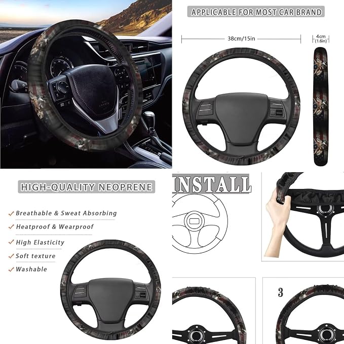 Deer Printed Car Seat Covers with Steering Wheel Cover 4 Pack Seatbelt Pads American Flag Auto Seat Protector Universal Fit Most Vehicles, Auto Accessories, Black