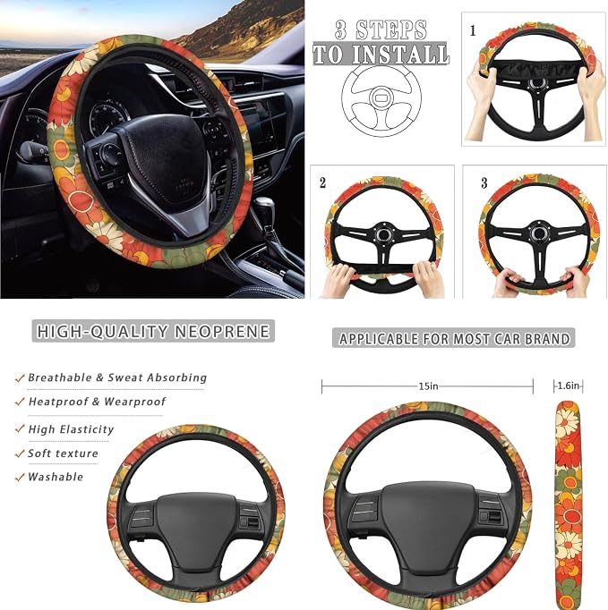 Groovy Flower Car Seat Cover for Women 12 Pcs，Beauty Hippie Floral Boho Coaster+15Inch Auto Steering Wheel Wrap+Keychains+Seatbelt Pads Universal Fit All Vehicles