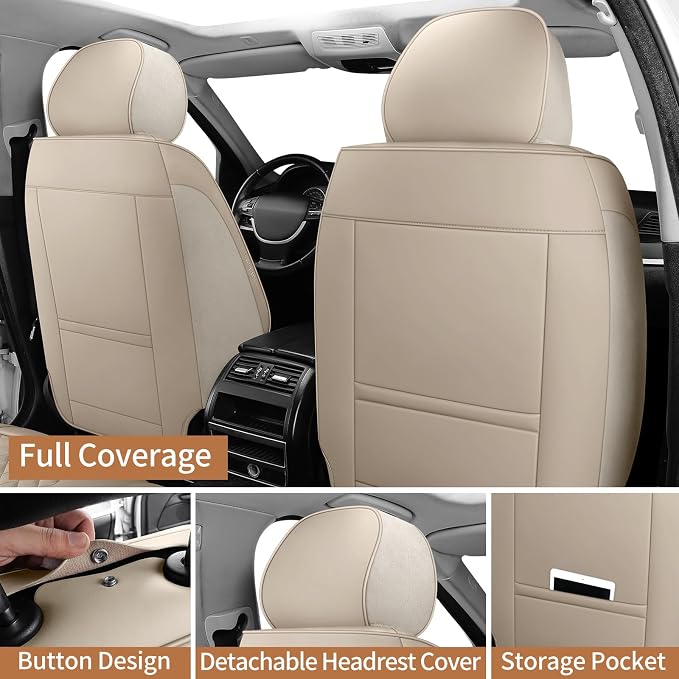 Beige Leather Car Seat Covers Full Set Breathable Seat Protectors Waterproof Automotive Seat Covers Universal Fit for Most Cars SUVs Trucks Vehicles