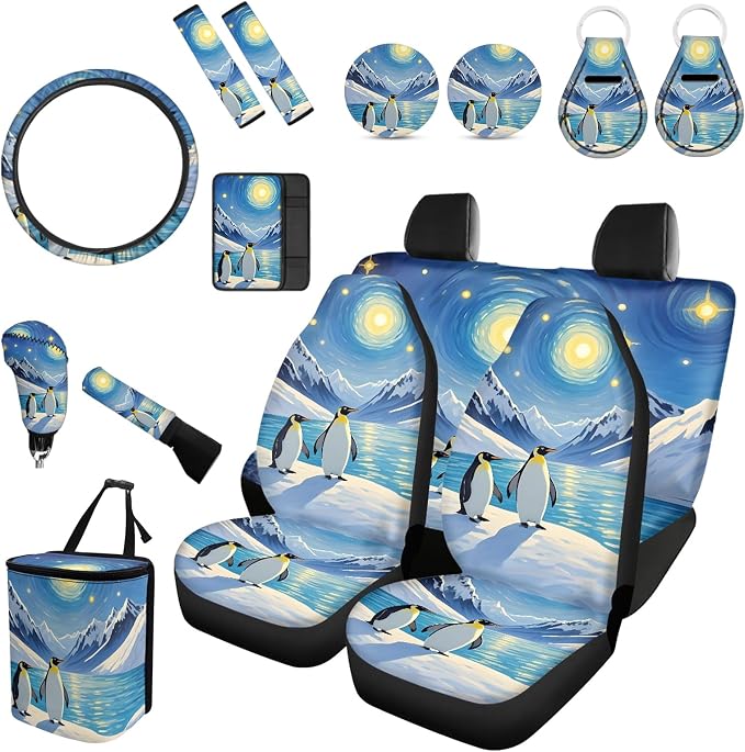 Forchrinse Penguin Ice Ocean Print Car Seat Cover Front Back for Women with Steering Wheel Cover+Seatbelt Pads+Coaster+Handbrake Gearshift Cover+Auto Trash Can for Most Vehicles,15Pcs
