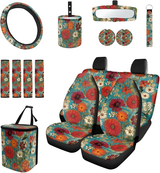 Colorful Flower 15 PCS Car Seat Cover Set with Auto Steering Wheel Cover Seat Belt Strap Protector Cup Holder Trash Bag Rear View Mirror Protector Keychain