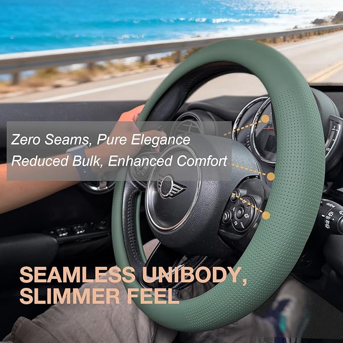 PINCTROT Large Size Nappa Leather Steering Wheel Cover, Slim Fit No Bulk Design, One Piece Leather with Breathable Perforation, Fit Like Gloves, 15.5-15.75 Inch(Nappa Green)