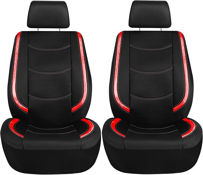 FH Group Galaxy13 Metallic Striped Deluxe Leatherette Car Seat Covers with Matching Carpet Floor Mats – Full Set, Universal Fit, Airbag Compatible for Cars, SUVs & Sedans, Red