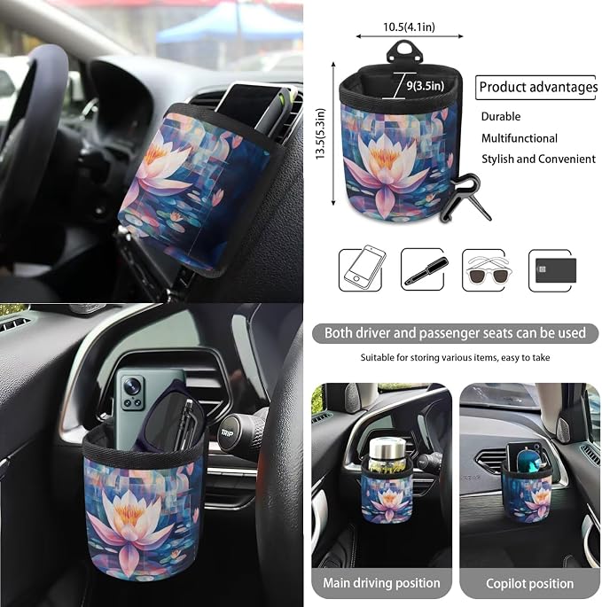 Lotus Digital Painting Pattern Auto Accessories Set of 15, Car Seat Cover Steering Wheel Cover Seat Belt Cover Air Vent Storage Bag Keychain Trash Bin and Mirror Cover