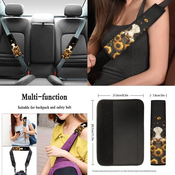 Cow Sunflower Black Print Car Accessories Car Seat Covers Full Set with Steering Wheel Covers+Seat Belt Pads+Coasters+Keychain+Lipstick Holder Universal Fit 13 Pack
