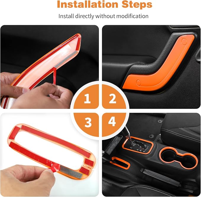 CheroCar 18PCS Interior Trim Kit for Jeep Wrangler JK JKU 2011-2018 4 Door,Steering Button Frame, Air Conditioning Vent Trim Cup Holder Cover,Gear Shift Knobs Frame,Orange…
