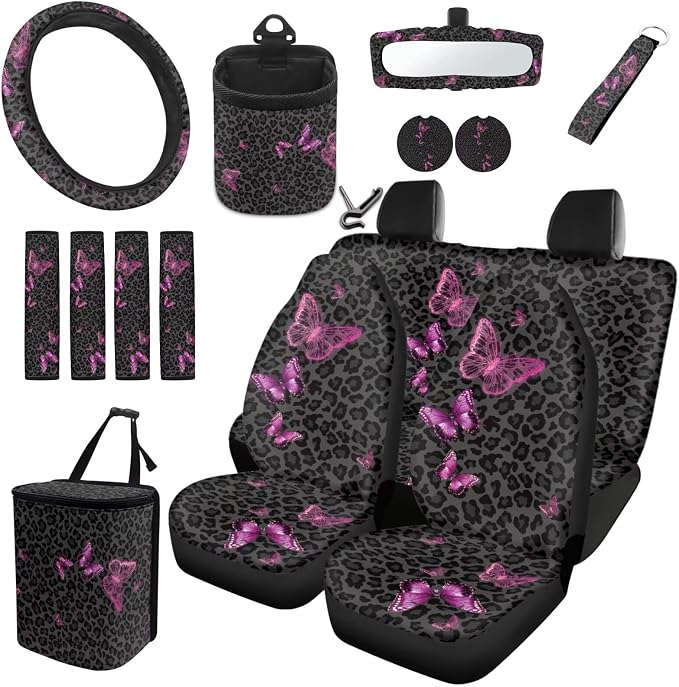 Dreaweet Black Leopard Print Car Seat Covers Full Set Purple Butterfly Car Accessories Steering Wheel Cover Seatbelt Covers Trash Bin Rear View Mirror Cover Cup Holders Keychain Air Vent Storage Pouch