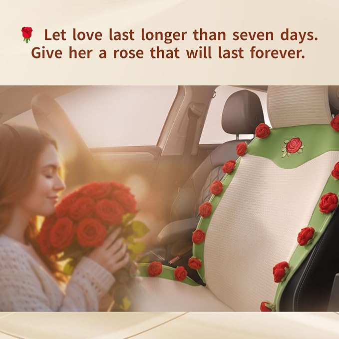 Universal Car Seat Covers, Handmade Floral Green & Red Rose Design Cushion, Cute Interior Seat Cover for Cars, SUVs & Trucks,Car Accessories Gift for Women (1-Piece)
