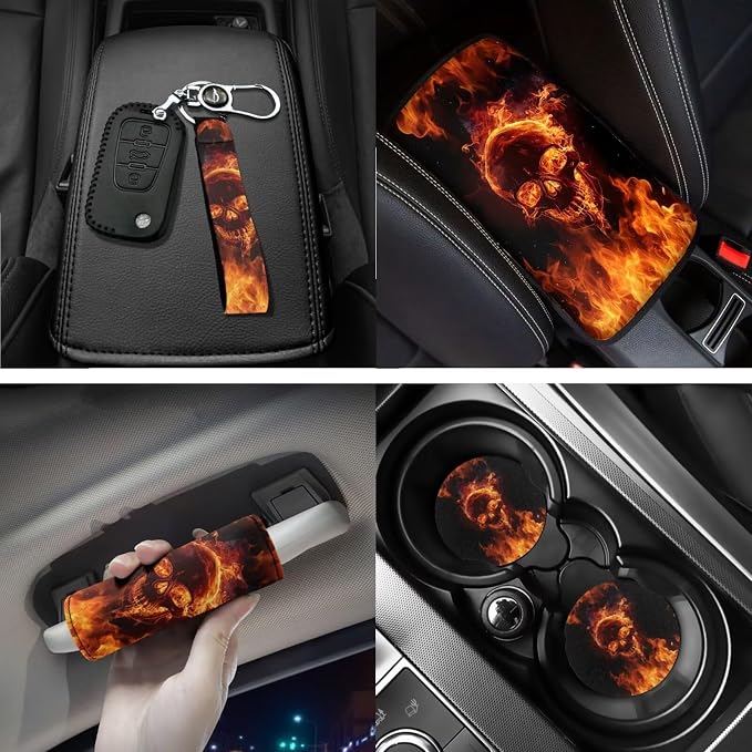 Flaming Skull Car Interior Accessories Set of 18, Car Seat Covers Full Set with Auto Steering Wheel Cover Floor Mats Seat Belt Pads Armrest Pad Handle Wraps Keychains Cup Coasters
