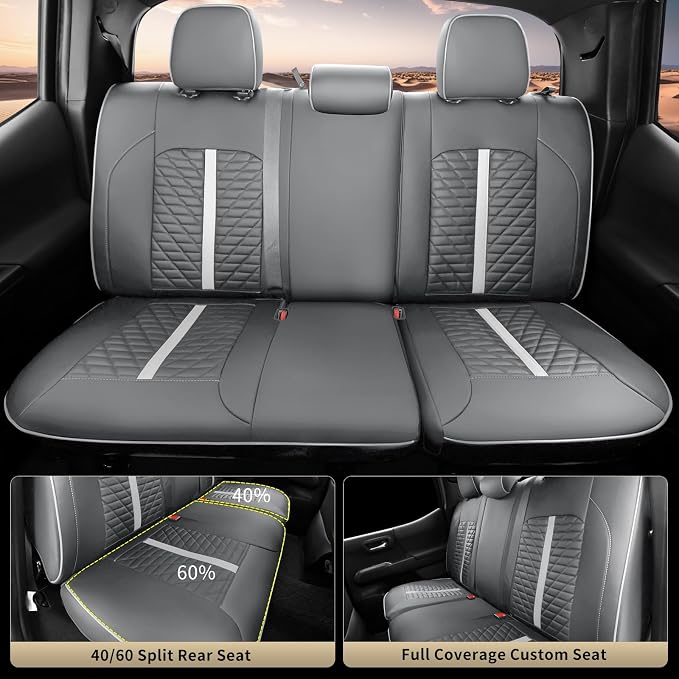 Car Seat Covers Fit for Toyota Tacoma 2016-2023 3rd Gen Double & Crew Cab SR SR5 Limited TRD Sport/Pro/Off Road Full Set,Waterproof Breathable Leather Full Coverage (Grey White)