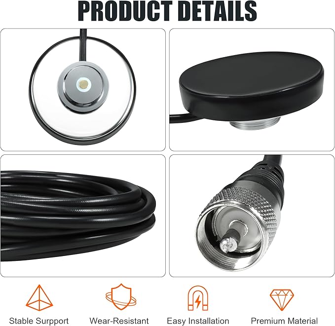 BASIKER CB Antenna NMO Magnetic Base Mount SO239, PL-259 Plug W/5M(16.4ft) RG58 Coaxial Cable, Heavy Duty Magnetic VHF/UHF Mobile Ham Radio Antenna Mount for Truck RV SUV Bus Marine