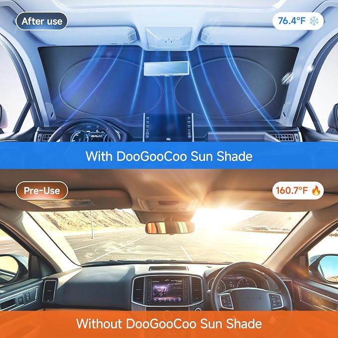 [Upgrade] DooGooCoo Windshield Sun Shade - Small, Sunshade for Car Windshield [100% Sunlight & UV Block] Car Sun Shade Windshield Protect & Keep Car Cooler Foldable Front Windshield Shade (57x29 in)