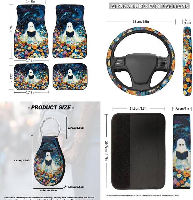 Halloween Ghost Design Car Interior Accessories Set of 18, Car Seat Covers Full Set with Floor Mats Steering Wheel Cover Shoulder Pads Roof Gloves Armrest Pad Cover Cup Coaster Keychains