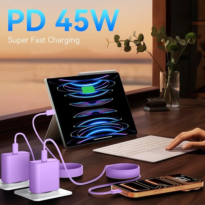 Phone 17 16 Pro Max Charger Fast Charging, 45W Super Fast USB C Charger Block with 10FT Extra Long Fast Charging Cable for 17 16 Pro Max/17 16/16 Plus,15 Pro Max/15 Pro/15, Android Phone-Purple